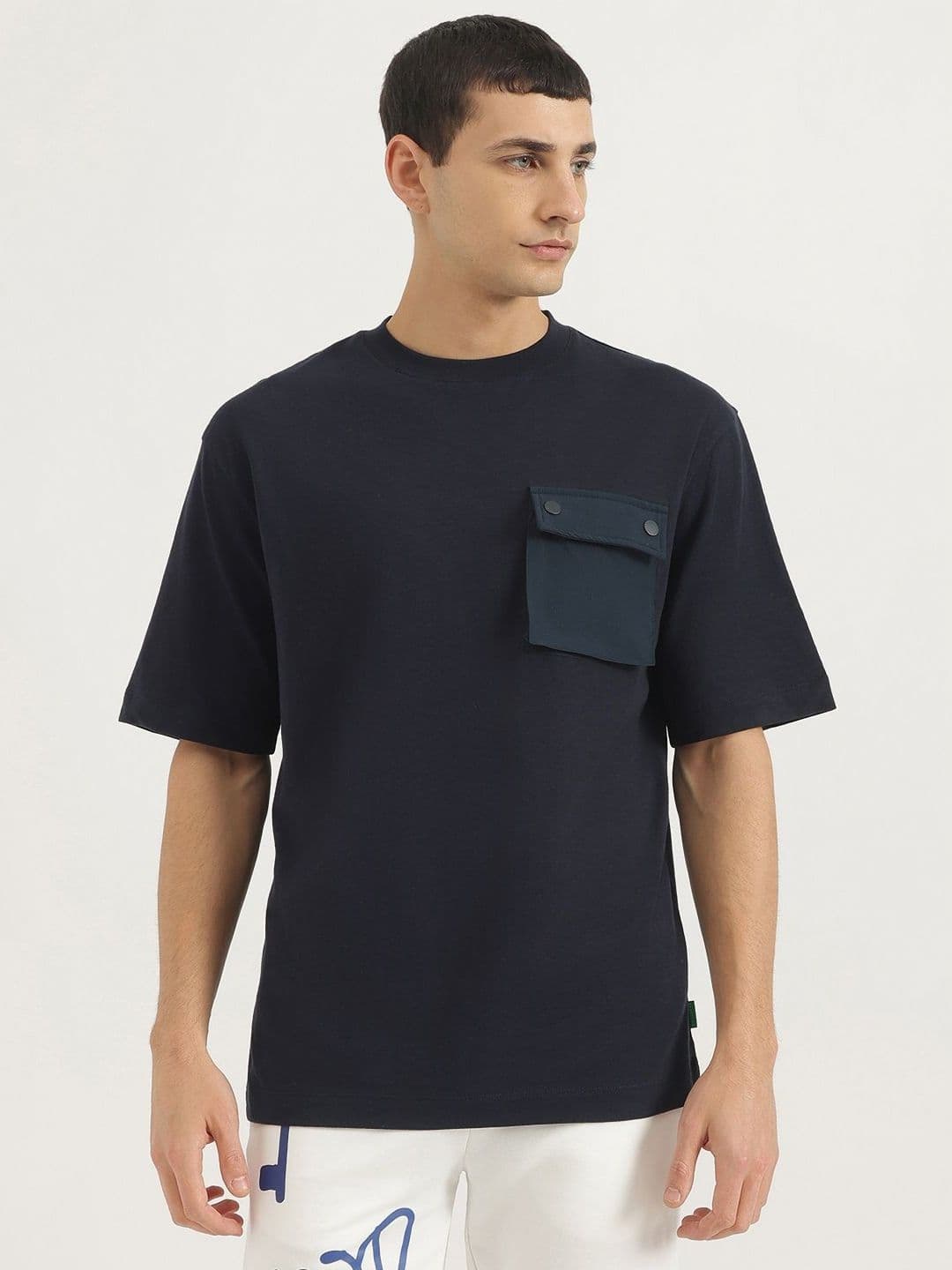 United Colors of Benetton Men Self Design Round Neck Cotton Relaxed Fit T-shirt - view 1