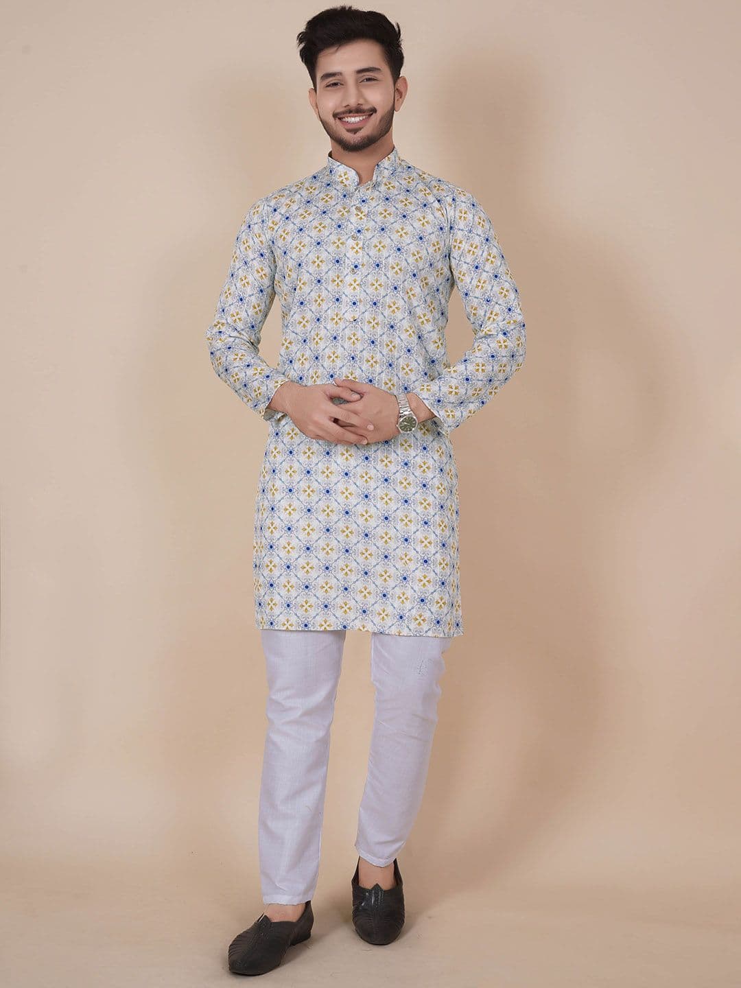ALMORA Ethnic Motifs Printed Mandarin Collar Long Sleeves Cotton Straight Kurta - view 1