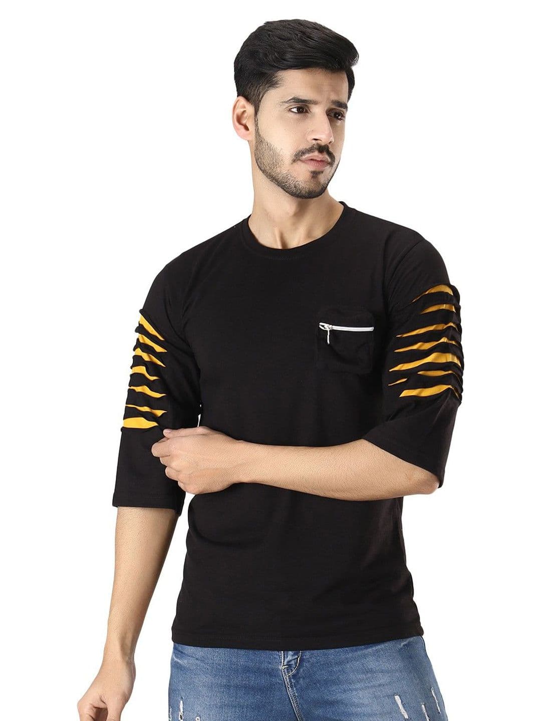 Black Collection Men Solid Cut Outs Round Neck Casual T-shirt - view 1