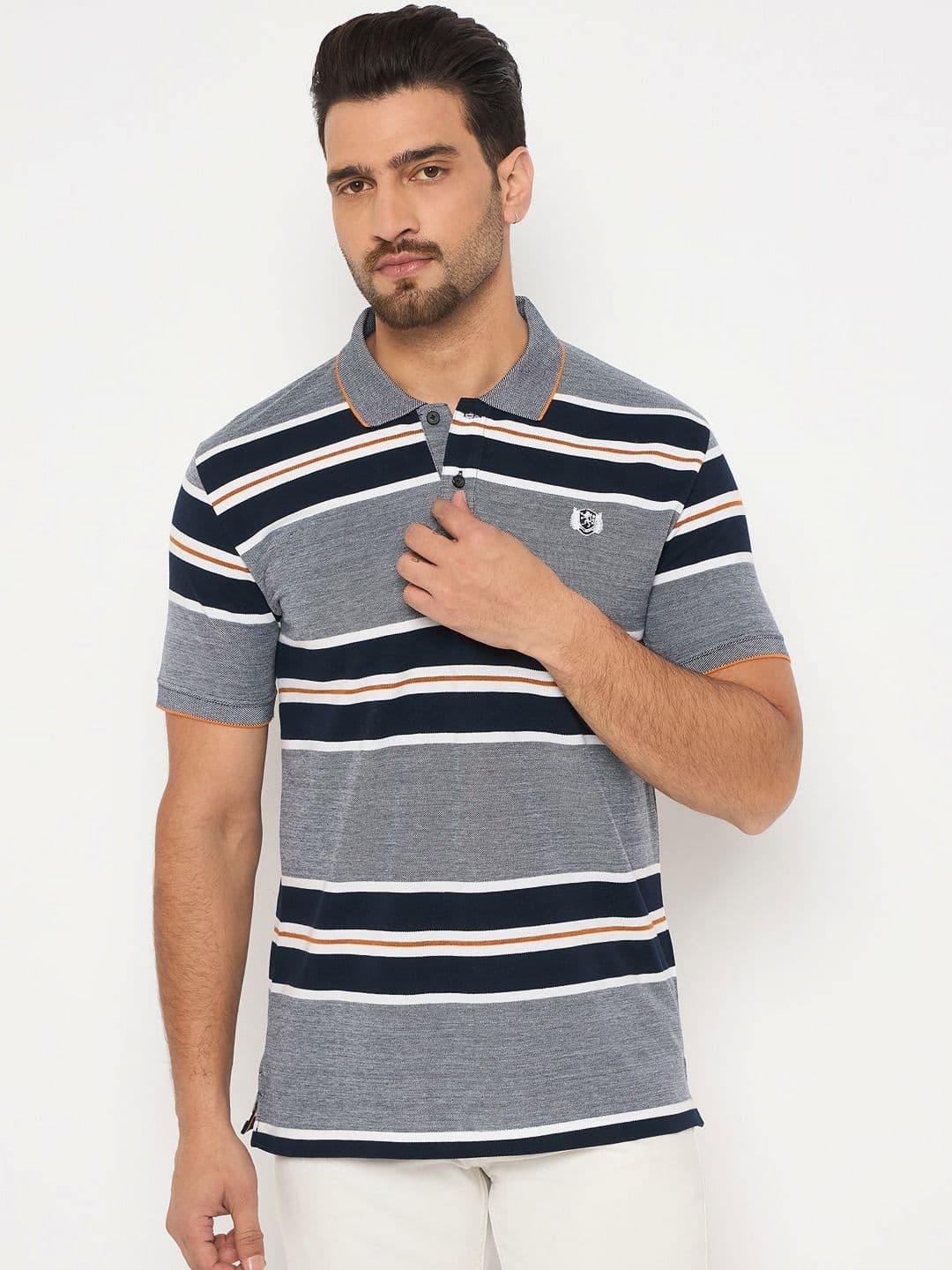 Duke Men Striped Polo Collar Cotton Slim Fit T-shirt - view 1