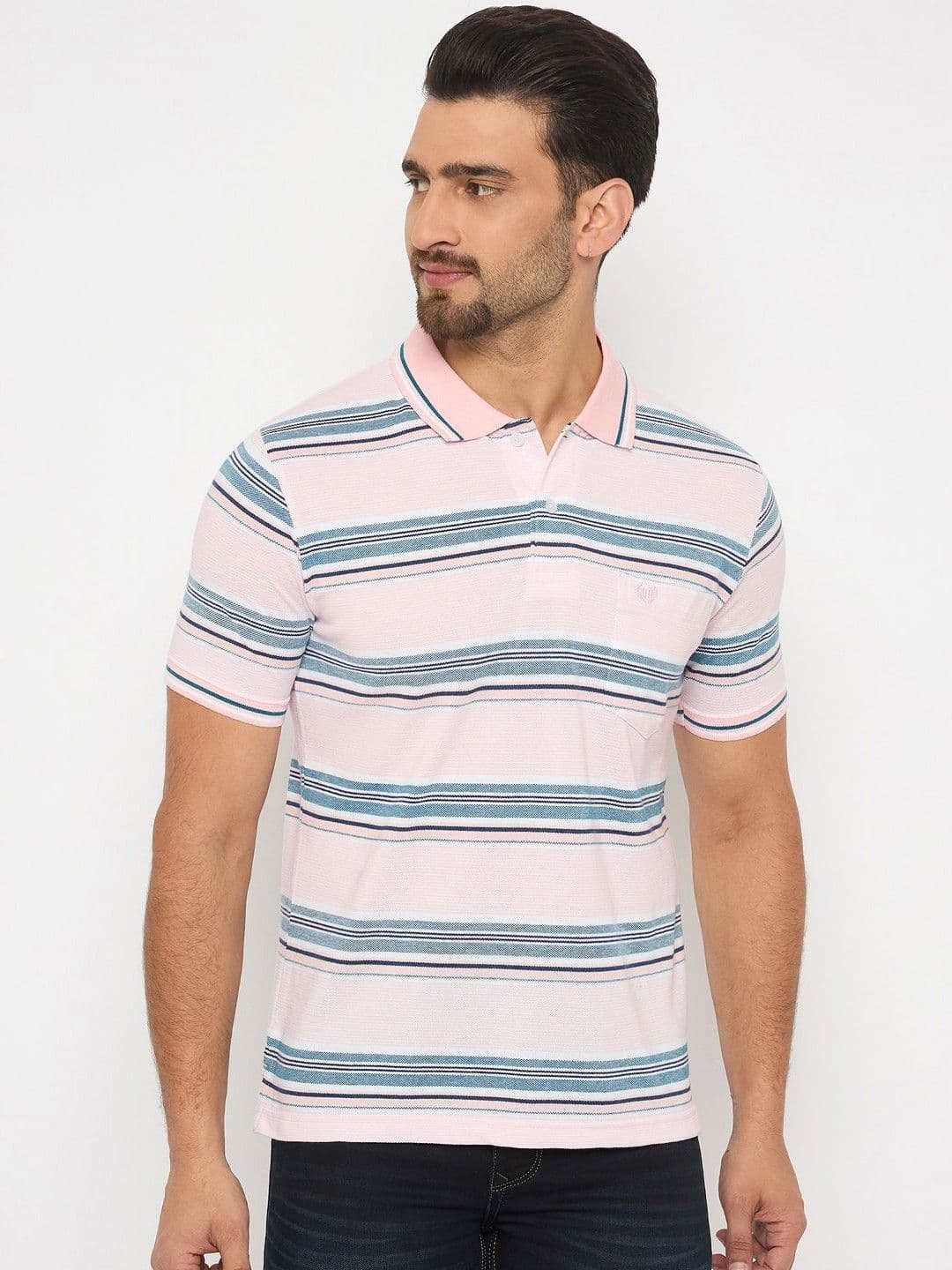 Duke Men Striped Polo Collar Cotton T-shirt - view 1