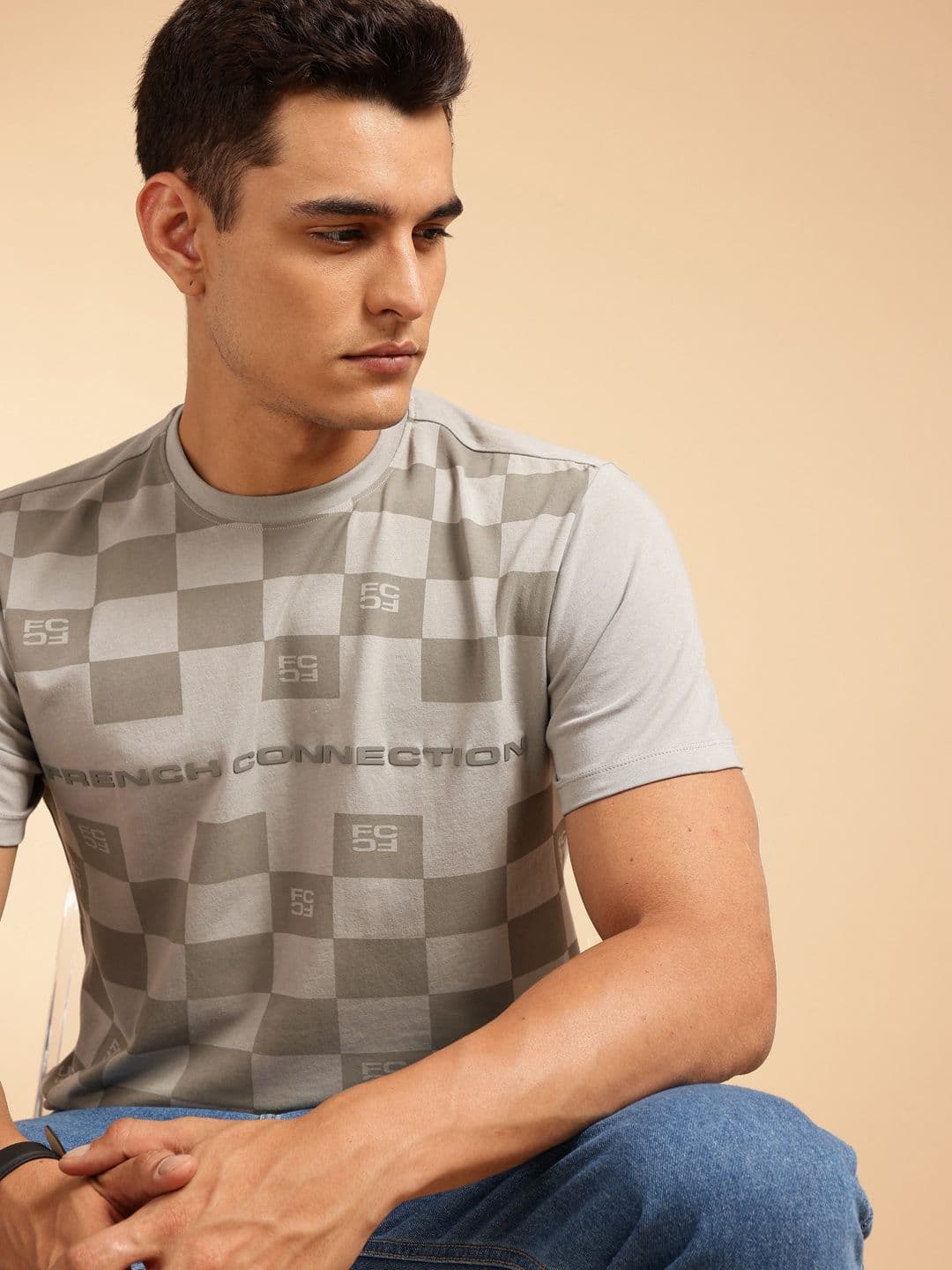 French Connection Checked Brand Logo Printed T-shirt - view 1