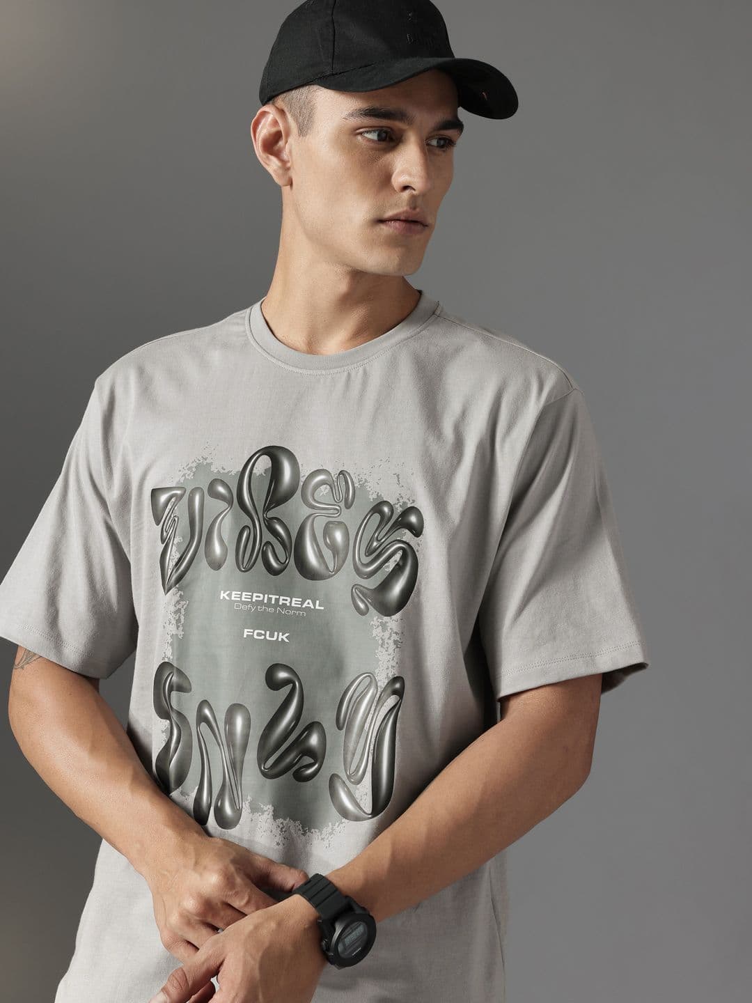 FCUK Graphic Printed Drop-Shoulder Sleeves Pure Cotton Relaxed Fit T-shirt - view 1