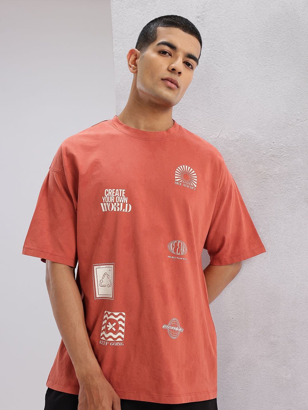 HRX by Hrithik Roshan Printed Drop-Sleeves Pure Cotton Oversized Lifestyle T-shirt - view 1