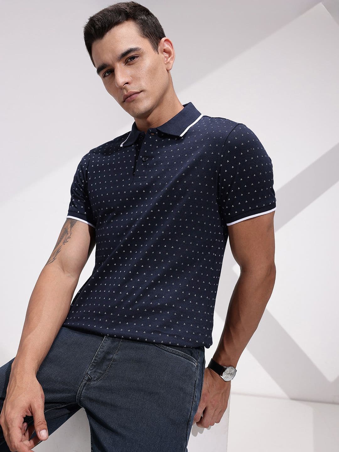 INVICTUS Geometric Printed Polo Collar Pure Cotton T-shirt - view 1