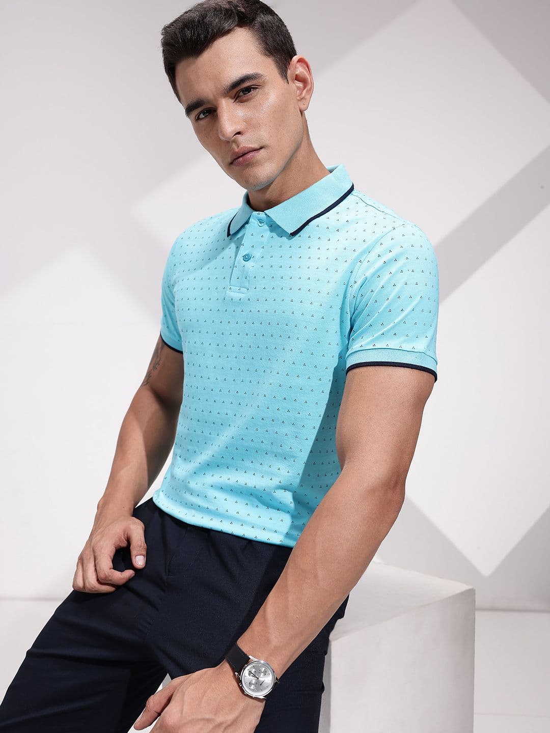 INVICTUS Geometric Printed Polo Collar Pure Cotton T-shirt - view 1
