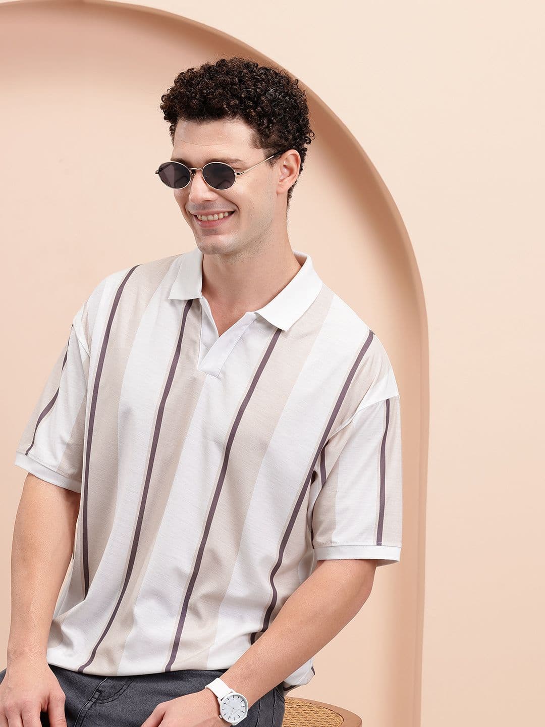 Mast & Harbour Men Striped Polo Collar Relaxed Fit T-shirt - view 1