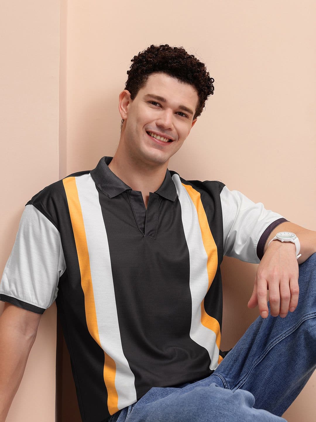 Mast & Harbour Men Striped Polo Collar Relaxed Fit T-shirt - view 1