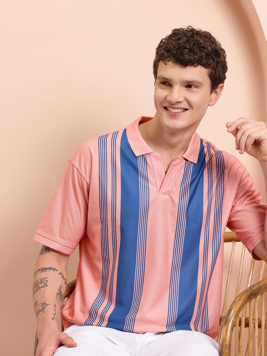 Mast & Harbour Striped Polo Collar Relaxed Fit T-shirt - view 1