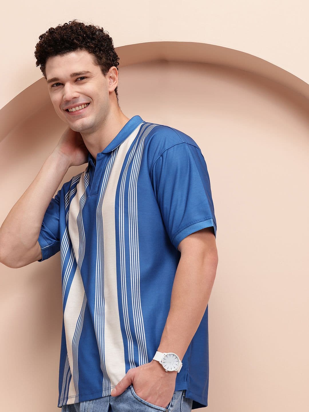 Mast & Harbour Men Striped Polo Collar Relaxed Fit T-shirt - view 1