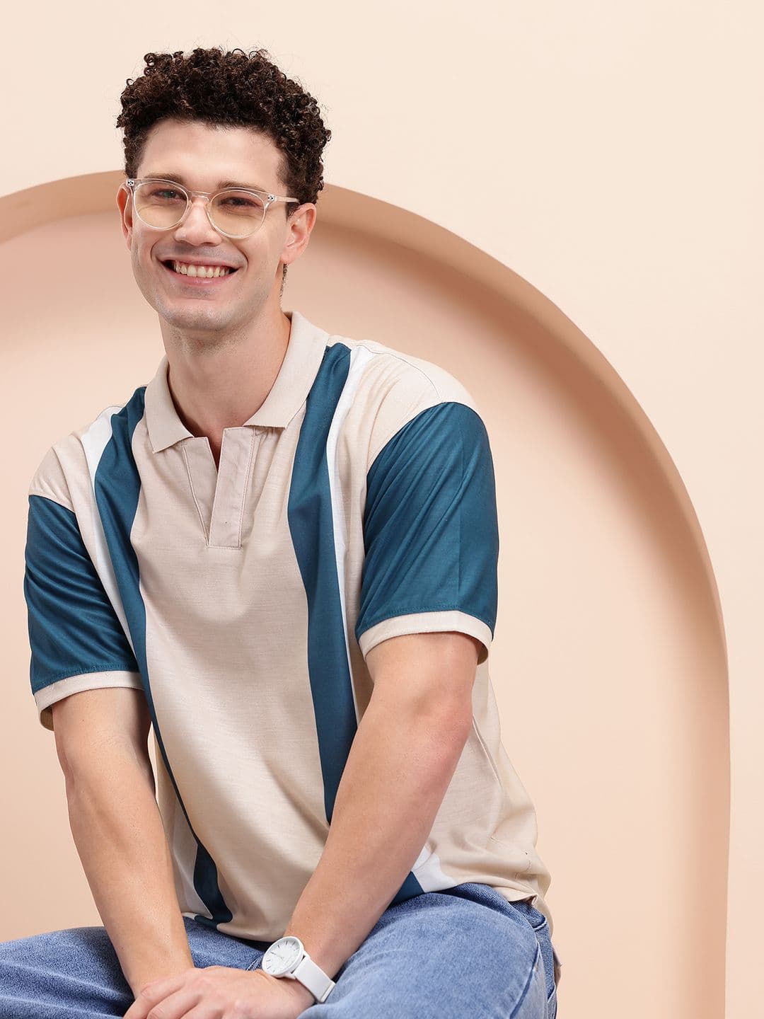 Mast & Harbour Men Striped Polo Collar Relaxed Fit T-shirt - view 1