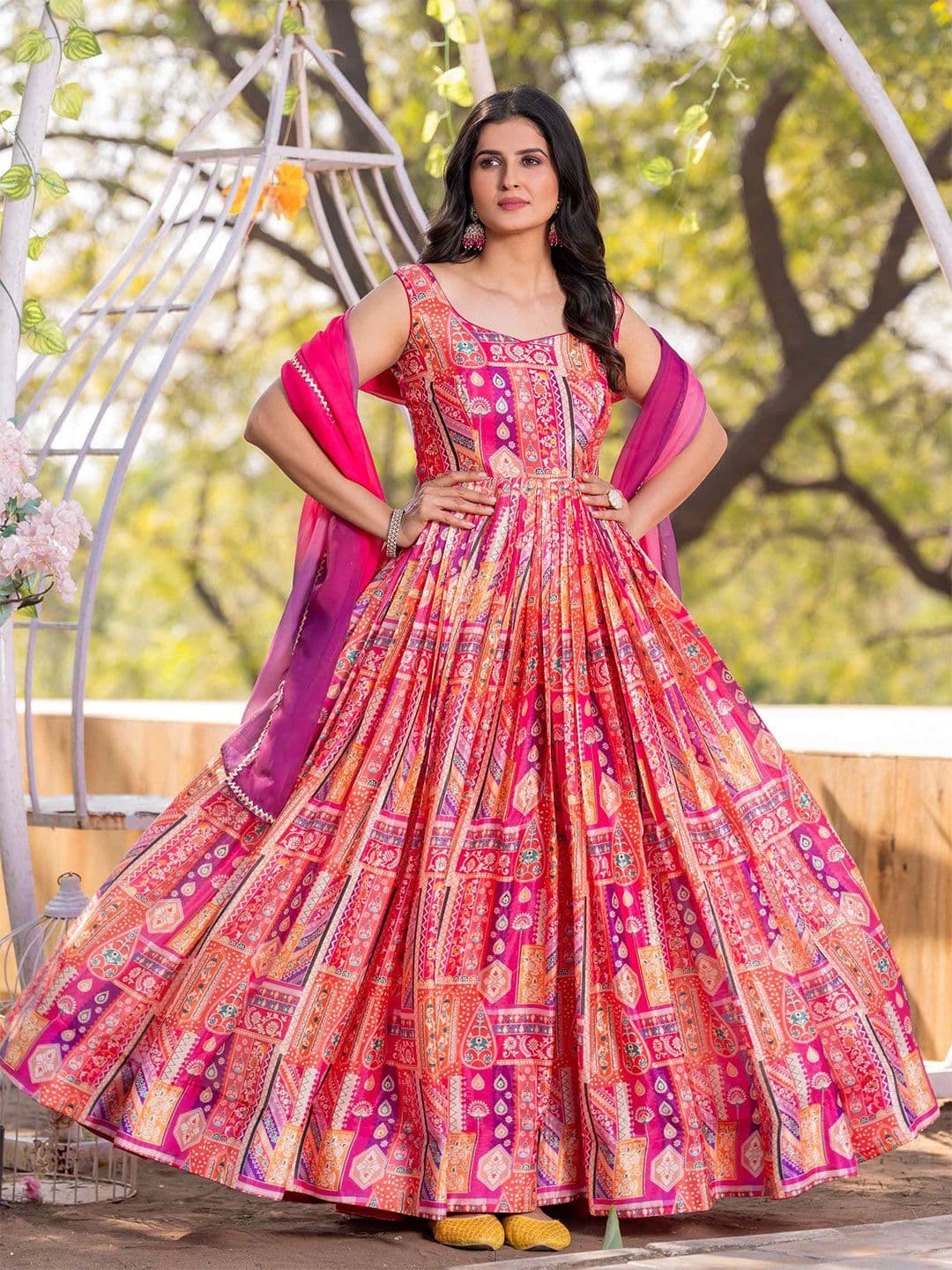 Anouk Rustic Women Printed Fit and Flare Maxi Dress With Dupatta - view 1