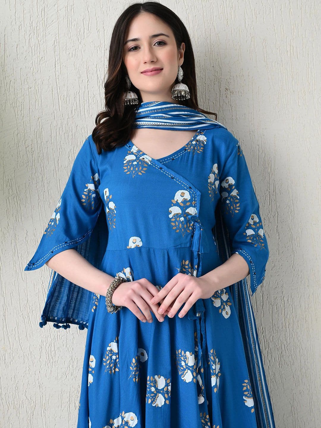 ao services Floral Printed V-Neck Fit & Flare Midi Ethnic Dress With Dupatta - view 1