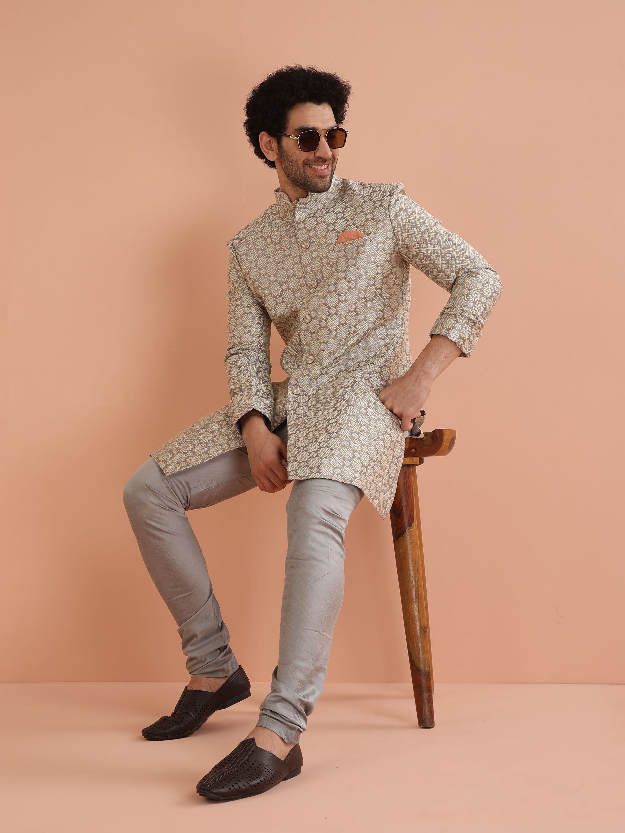 KISAH Geometric Self Design Indowestern Churidar Set - view 1