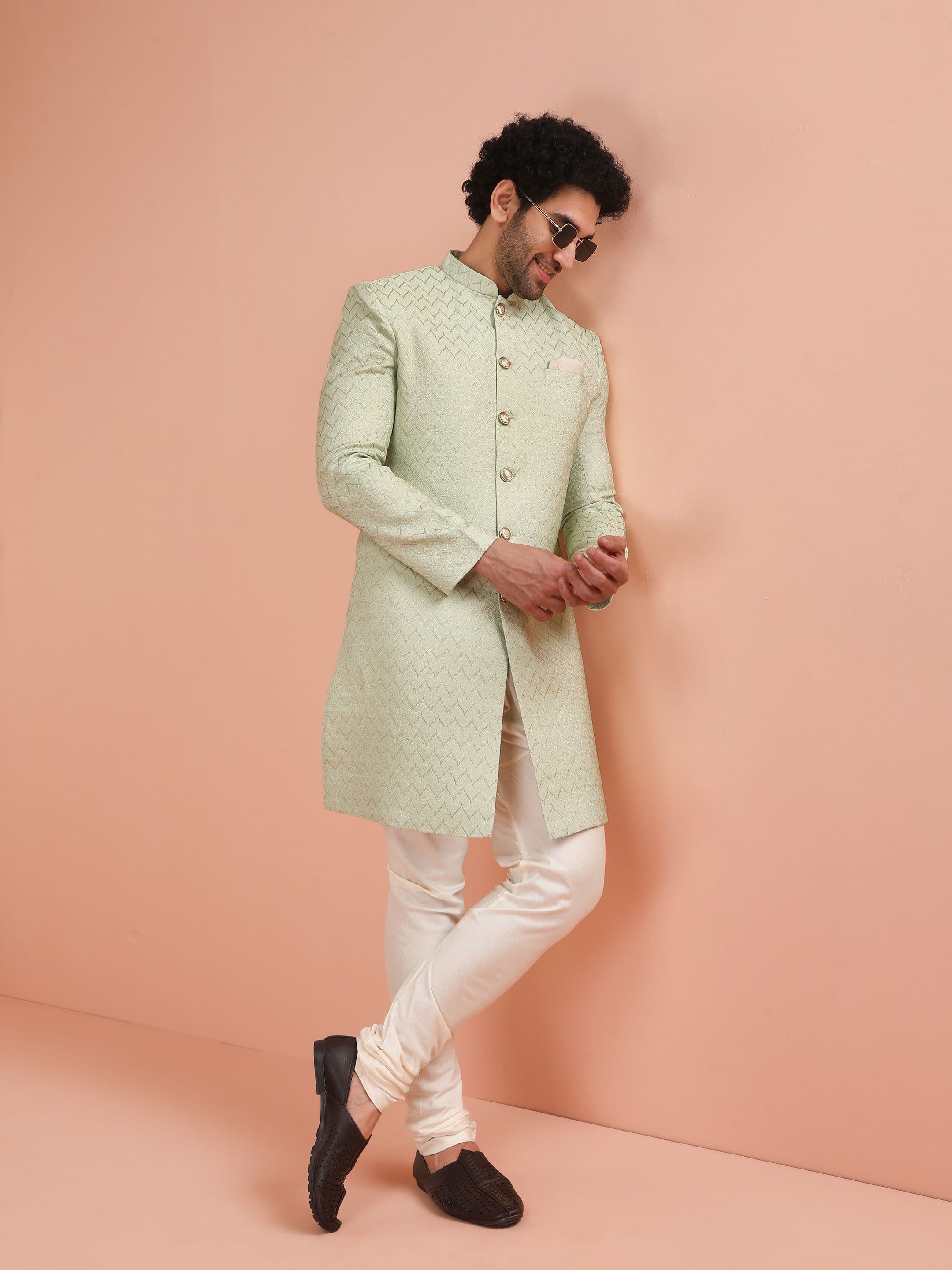 KISAH Geometric Self Design Indowestern Sherwani Set - view 1