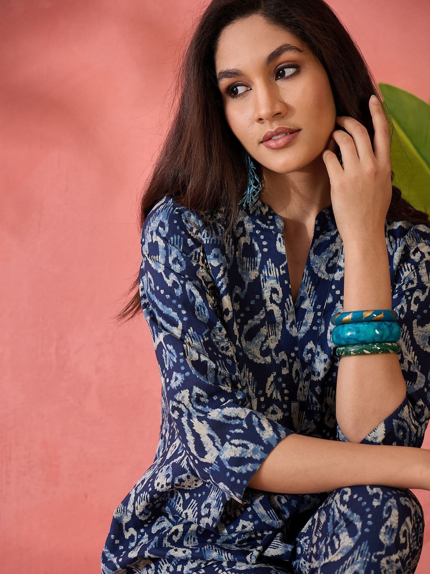 Sangria Ikkat Printed Pure Cotton Tunic & Trouser Co-Ord Set - view 1