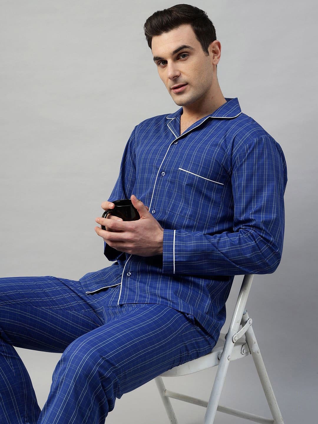 English Navy Men Windowpane Checked Wrinkle Resistant Night suit - view 1