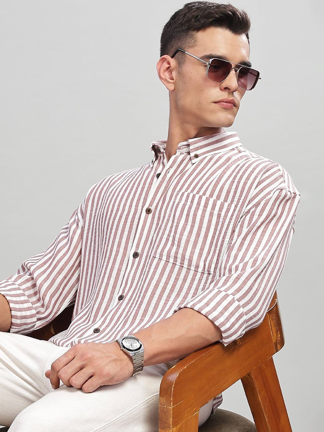 HERE&NOW Men Relaxed Fit Button-Down Collar Vertical Striped Casual Shirt - view 1