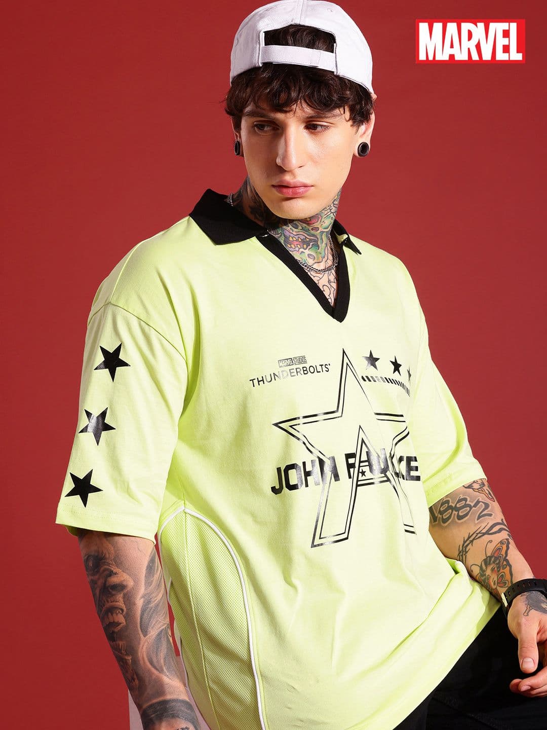 MARVEL STREET Typography Printed Pure Cotton Oversized Polo Collar T-shirt - view 1