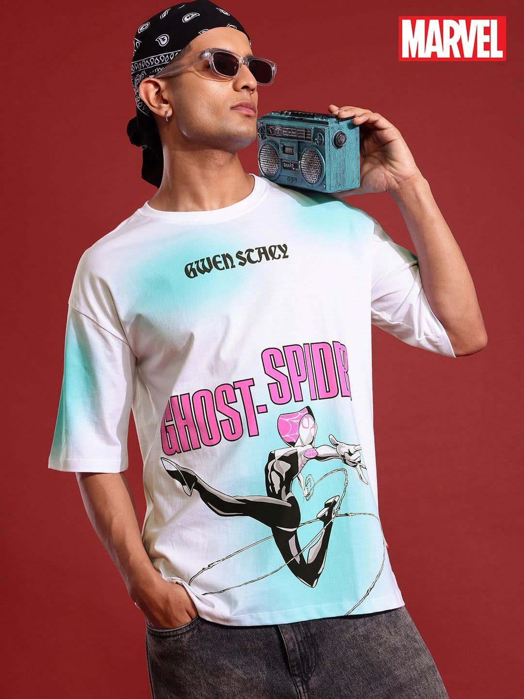 MARVEL STREET Ghost Spider Printed Drop-Shoulder Sleeves Pure Cotton Relaxed Fit T-shirt - view 1