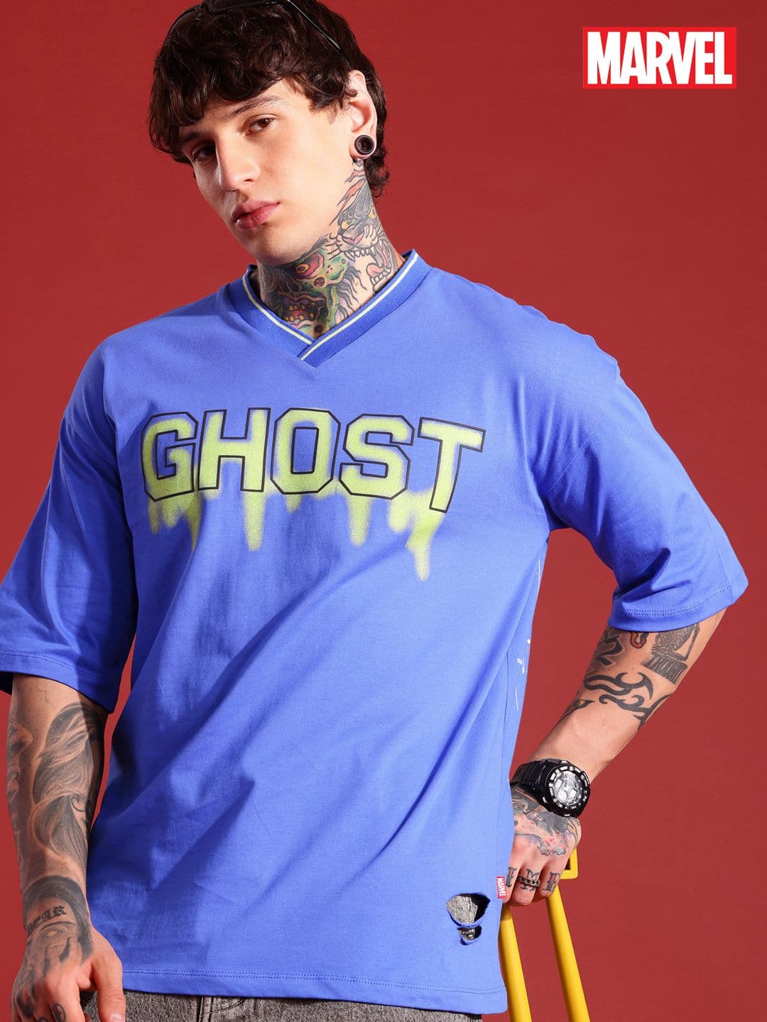 MARVEL STREET Graphic & Typographic Printed V-Neck Pure Cotton Oversized T-shirt - view 1