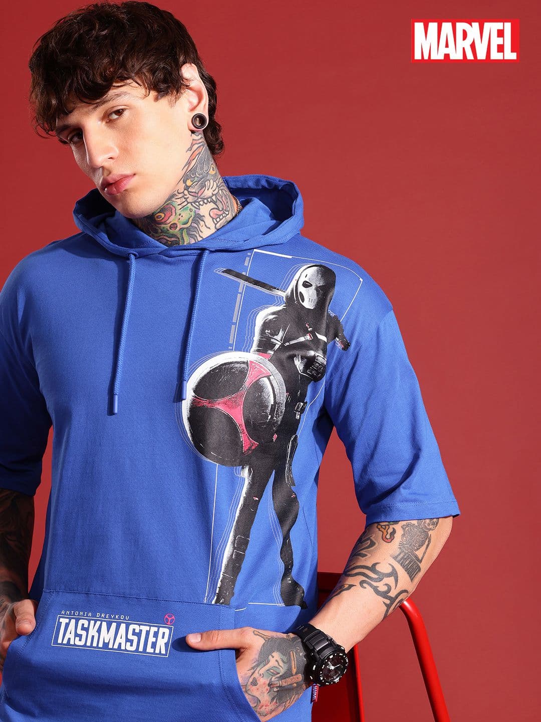 MARVEL STREET Taskmaster Graphic Printed Pure Cotton Oversized Hooded T-shirt - view 1