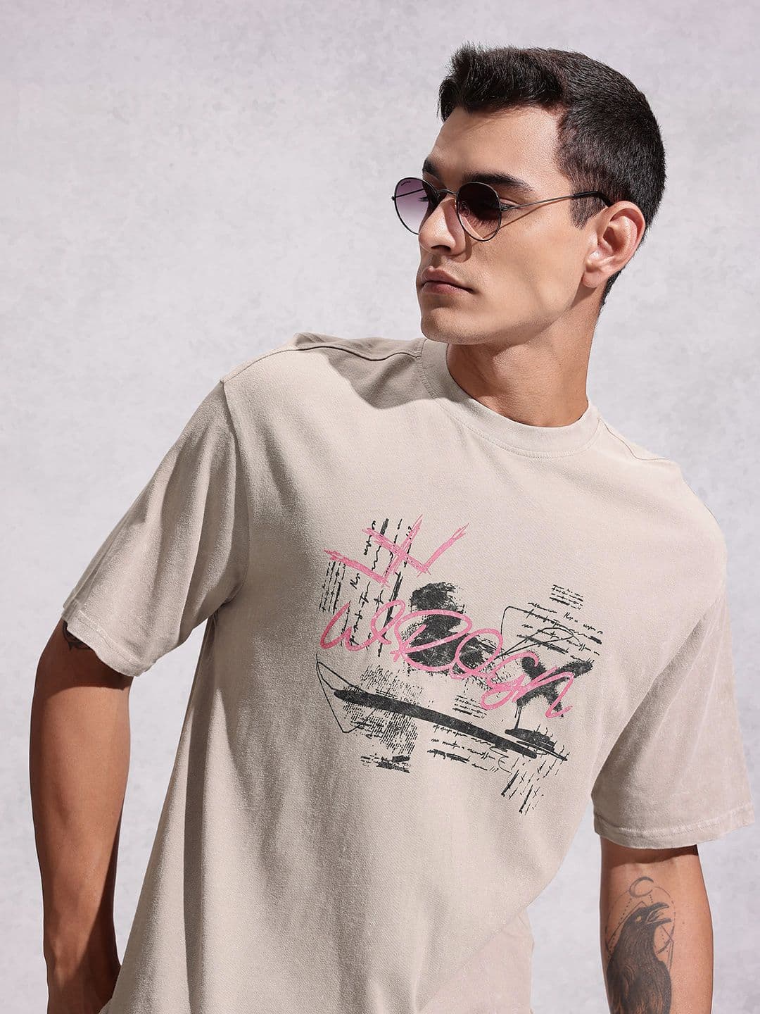 WROGN Brand Logo & Graphic Printed Pure Cotton Oversized T-shirt - view 1