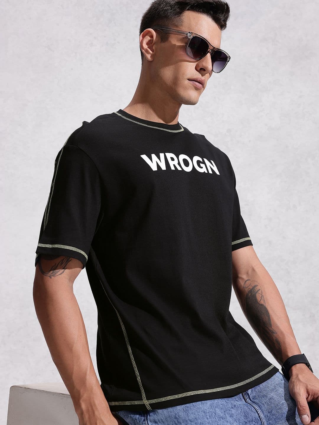 WROGN Brand Logo Printed Drop-Shoulder Sleeves Pure Cotton Oversized T-shirt - view 1