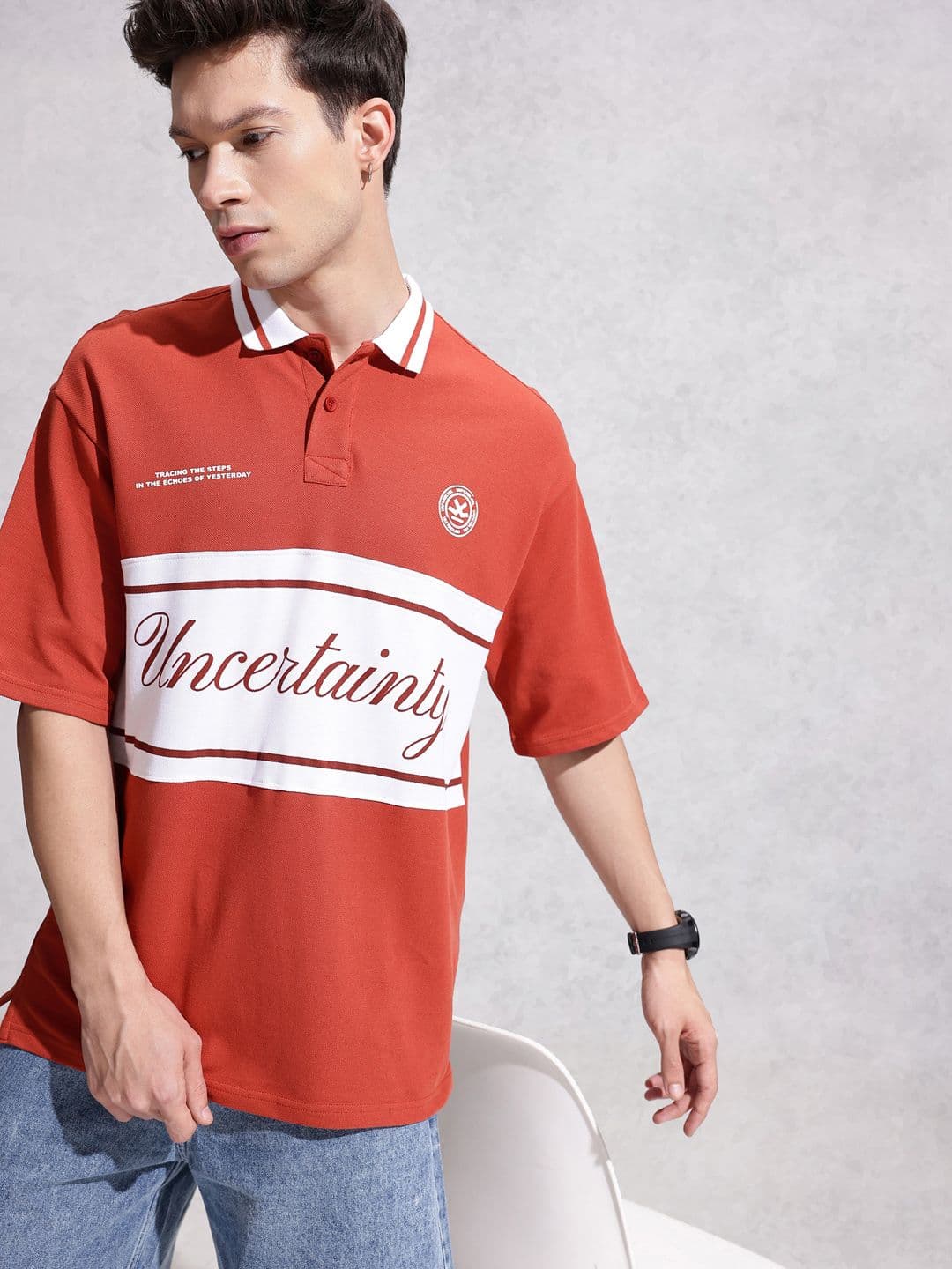 WROGN Oversized Fit Polo Collar Typography Printed Pure Cotton T-shirt - view 1