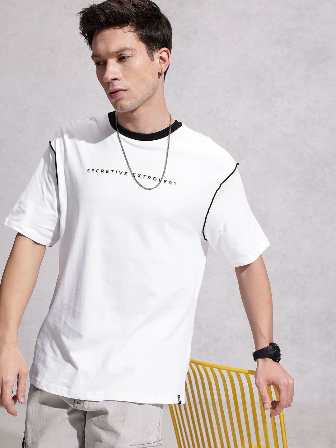 WROGN Typography Printed Drop-Shoulder Sleeves Monochrome Pure Cotton Oversized T-shirt - view 1