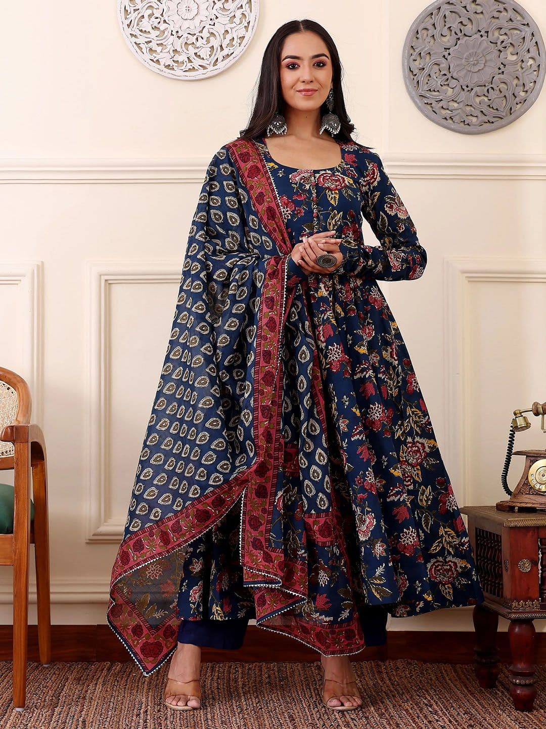 KALINI Floral Printed Anarkali Kurta With Trousers And Dupatta - view 1