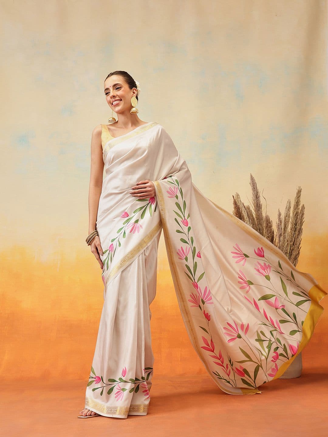Silk Land Floral Printed Zari Ready to Wear Kasavu Saree - view 1