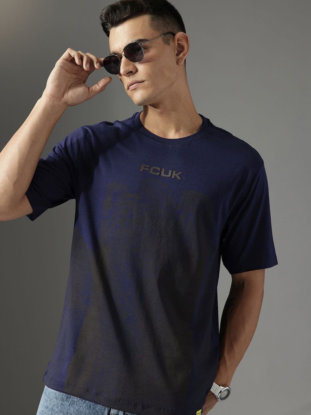 FCUK Printed Drop-Shoulder Sleeves Pure Cotton Relaxed Fit T-shirt - view 1