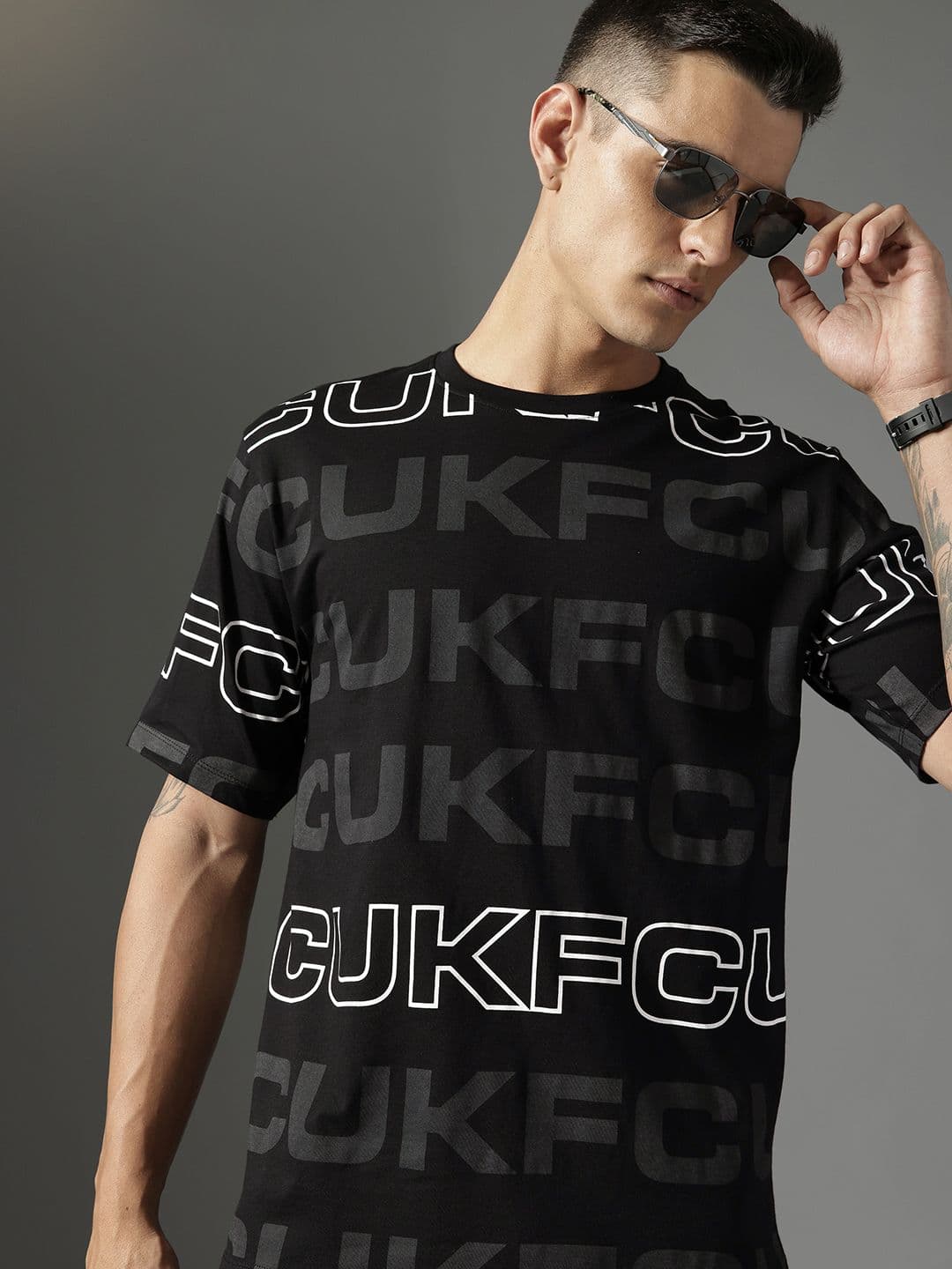 FCUK Brand Logo Printed Drop-Shoulder Sleeves Pure Cotton Relaxed Fit T-shirt - view 1