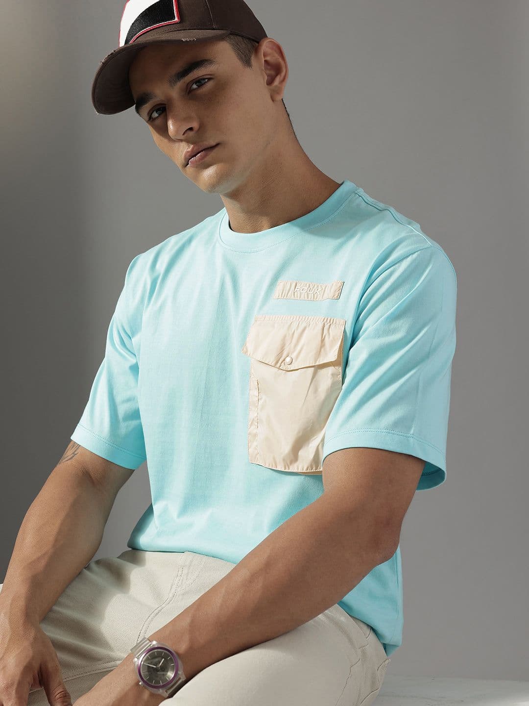 FCUK Drop-Shoulder Sleeves Pure Cotton Relaxed Fit Pocket T-shirt - view 1