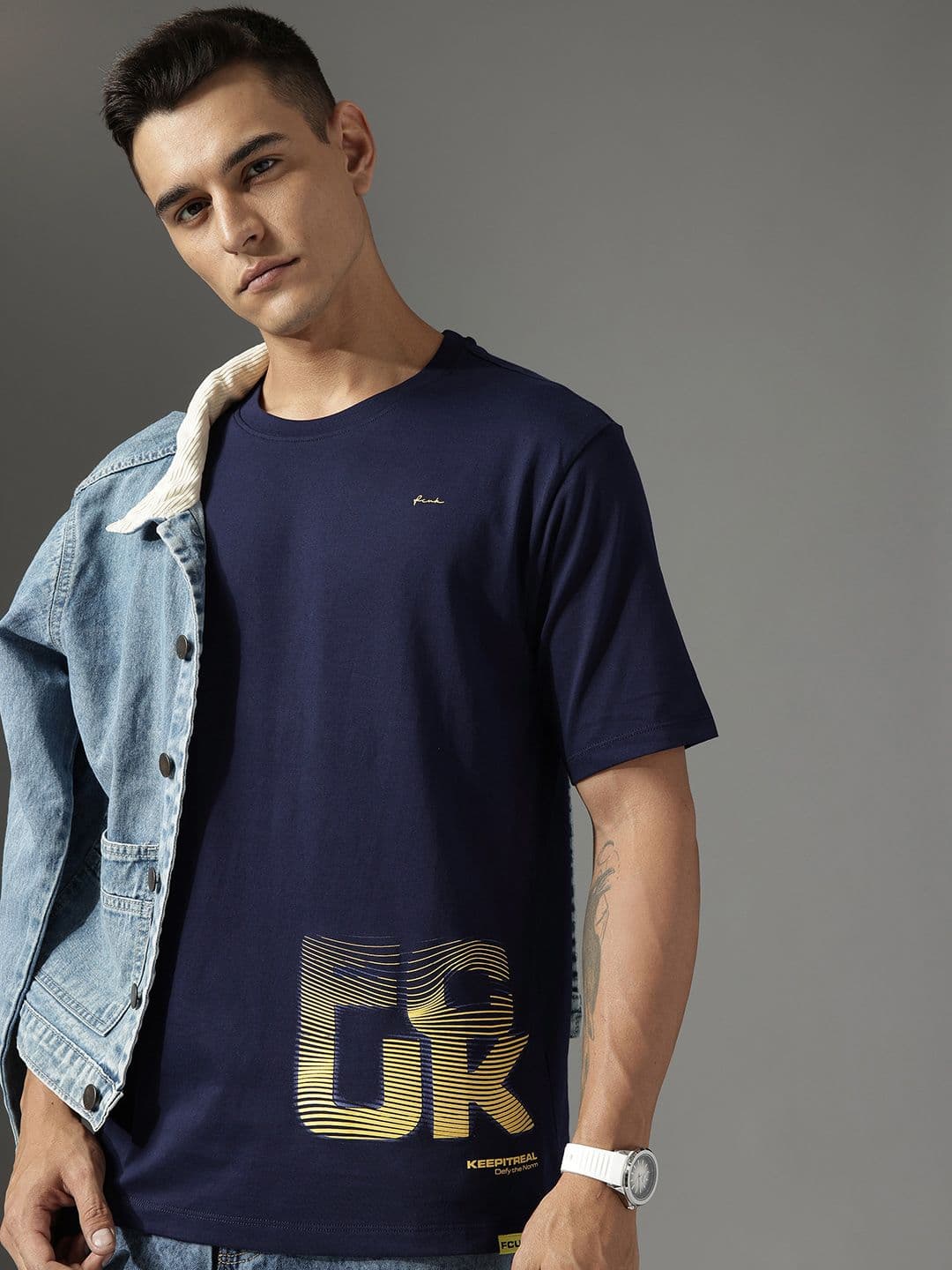 FCUK Brand Logo Printed Drop-Shoulder Sleeves Pure Cotton Relaxed Fit T-shirt - view 1