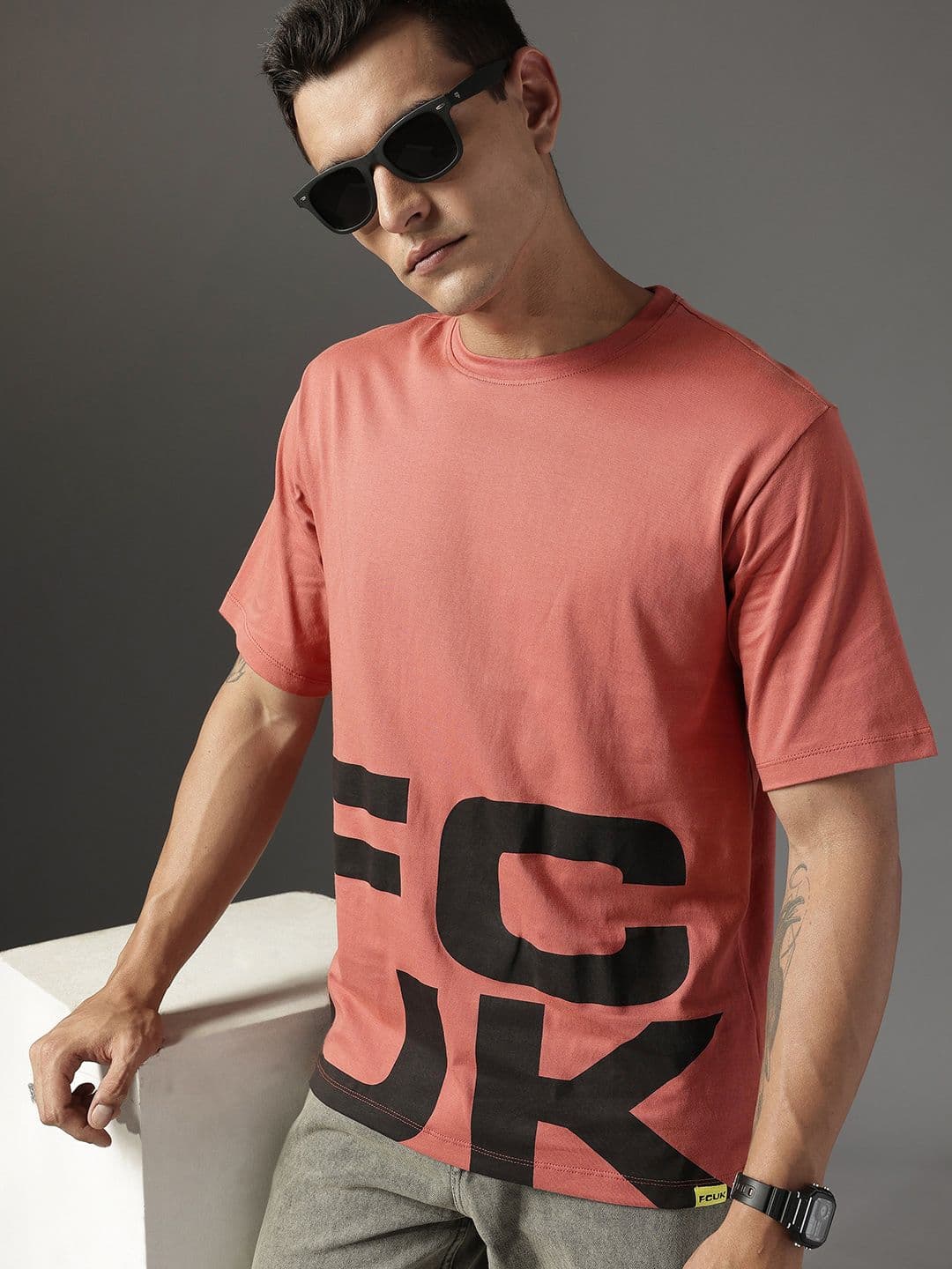 FCUK Brand Logo Printed Drop-Shoulder Sleeves Pure Cotton T-shirt - view 1