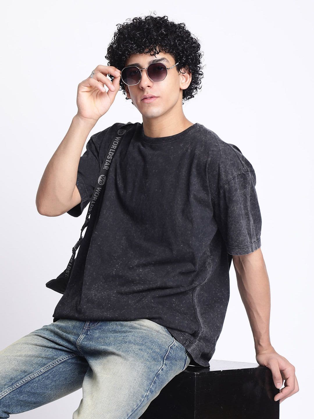 Bene Kleed Men Acid Wash Round Neck Cotton Oversized T-shirt - view 1