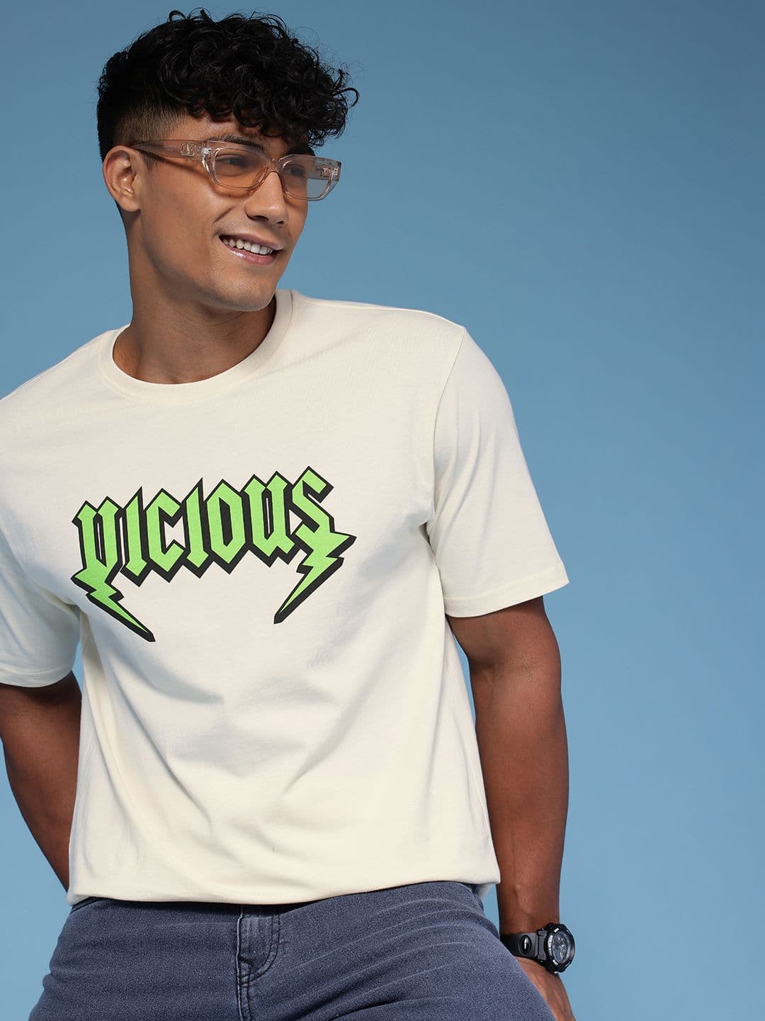 HERE&NOW Typography Printed Drop-Shoulder Sleeves Pure Cotton Relaxed Fit T-shirt - view 1