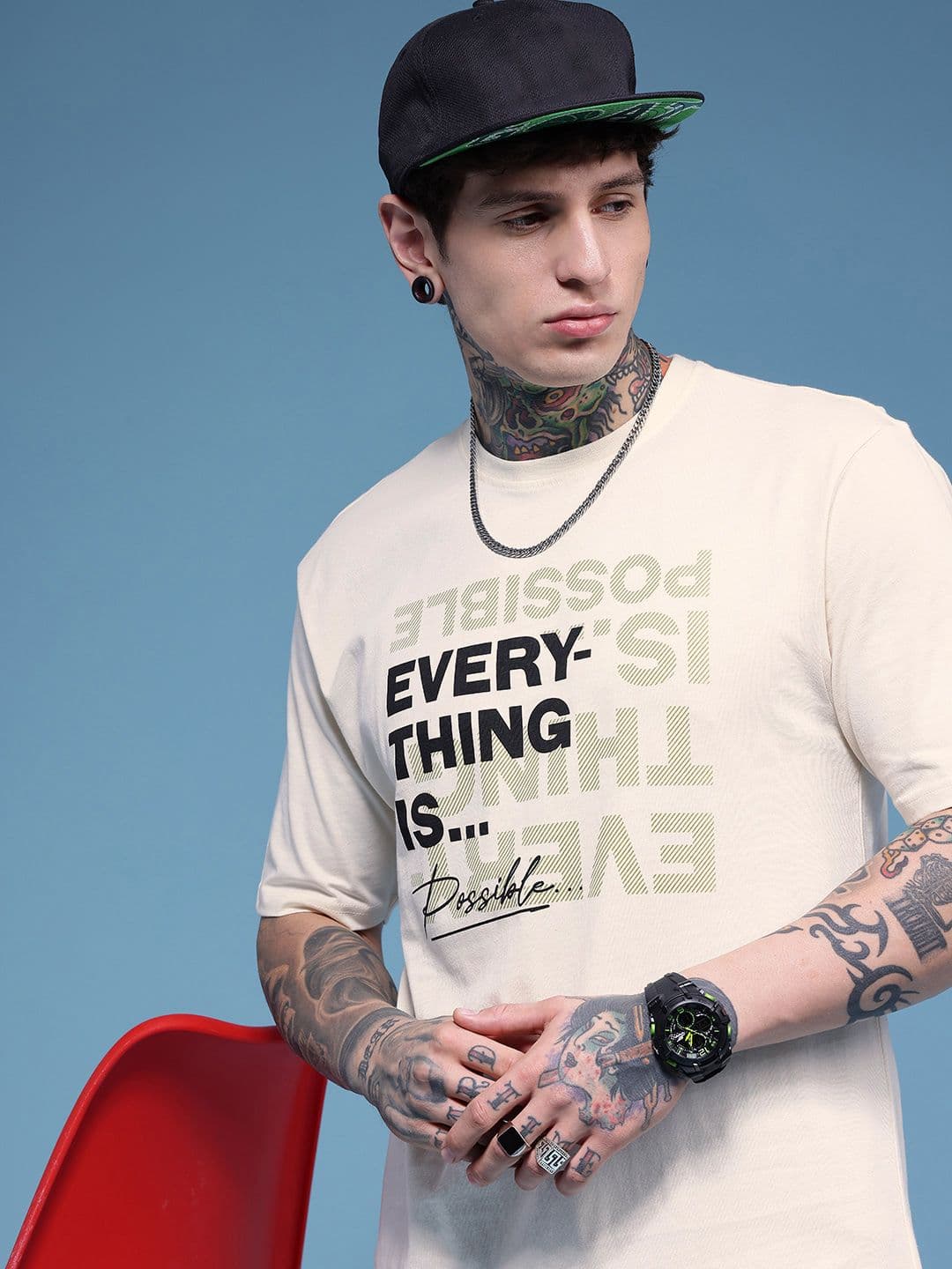 HERE&NOW Typography Printed Drop-Shoulder Sleeves Pure Cotton Relaxed Fit T-shirt - view 1
