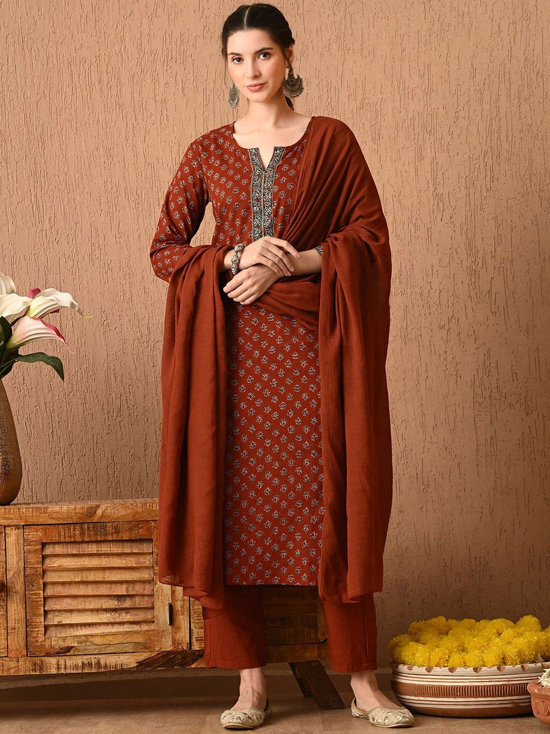 Anouk Women Floral Printed Regular Pure Cotton Kurta with Trousers & With Dupatta - view 1