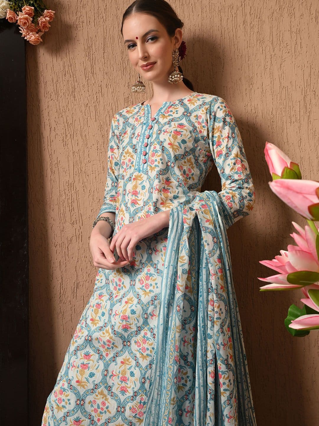 Anouk Women Floral Printed Regular Pure Cotton Kurta with Trousers & With Dupatta - view 1