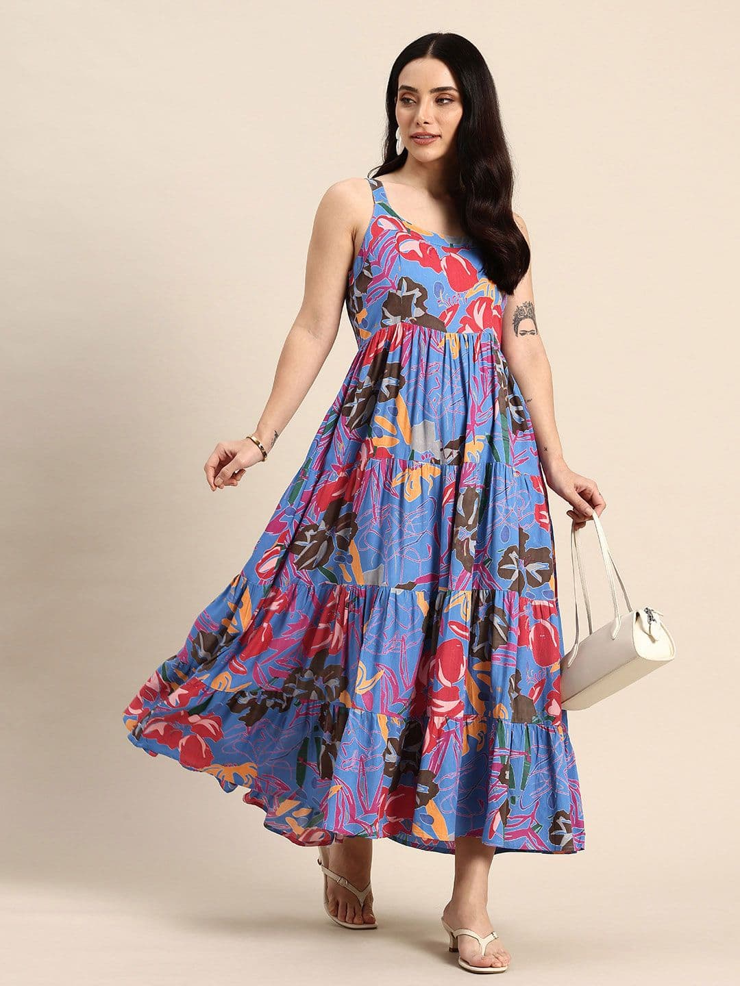 A&K Floral Printed Round Neck Tiered Fit & Flare Midi Ethnic Dress - view 1