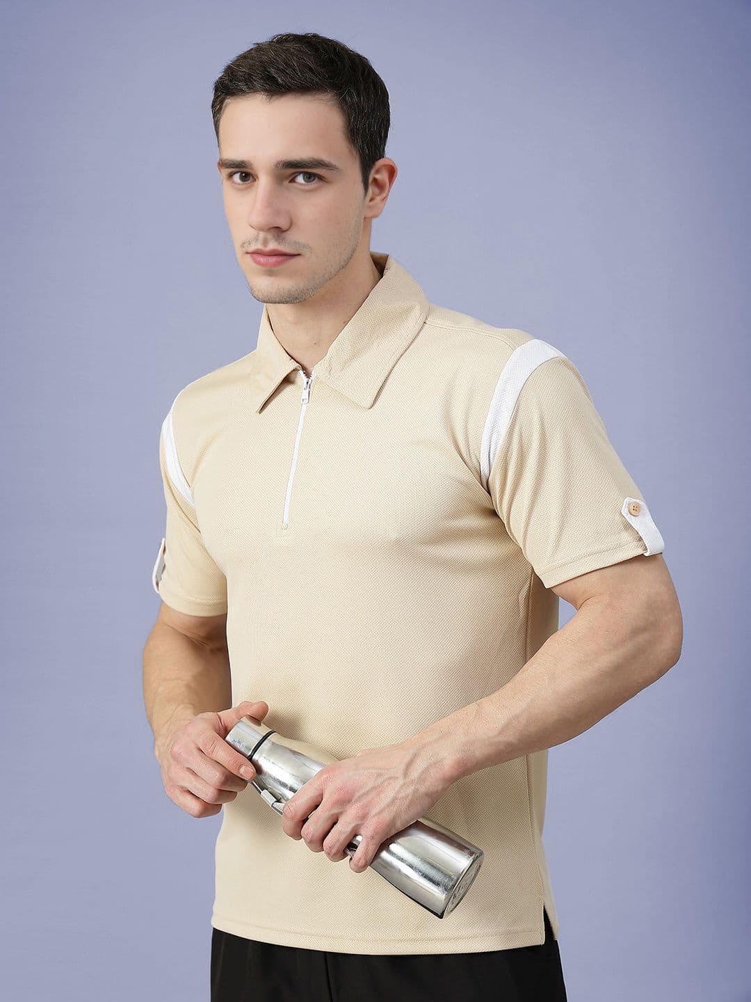 CHKOKKO Men Polo Neck Regular Fit Short Sleeves Gym Sports Zipper Tshirt - view 1