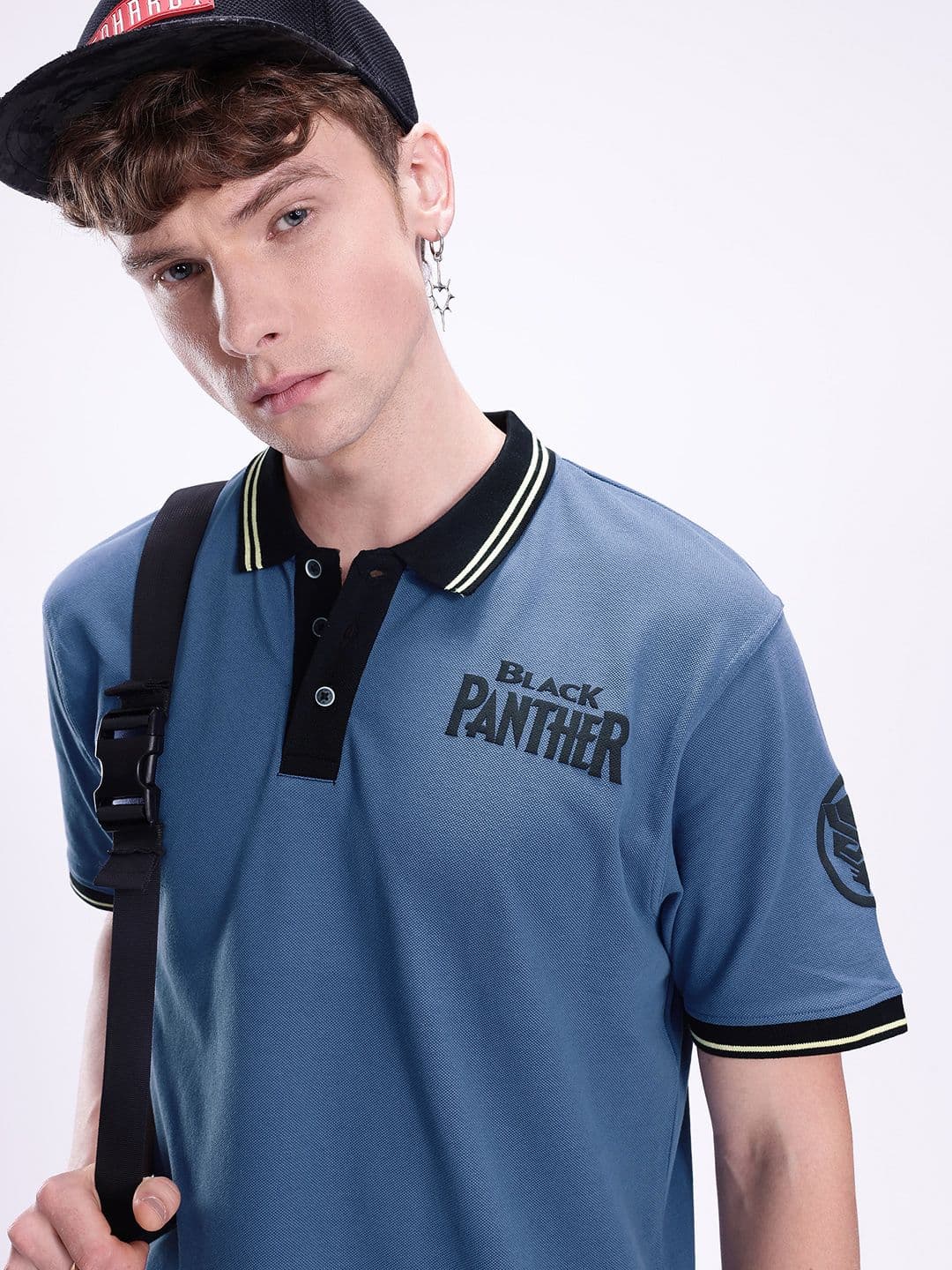 Kook N Keech Marvel Men Black Panther Printed Polo Collar Oversized Pure Cotton T-shirt - view 1