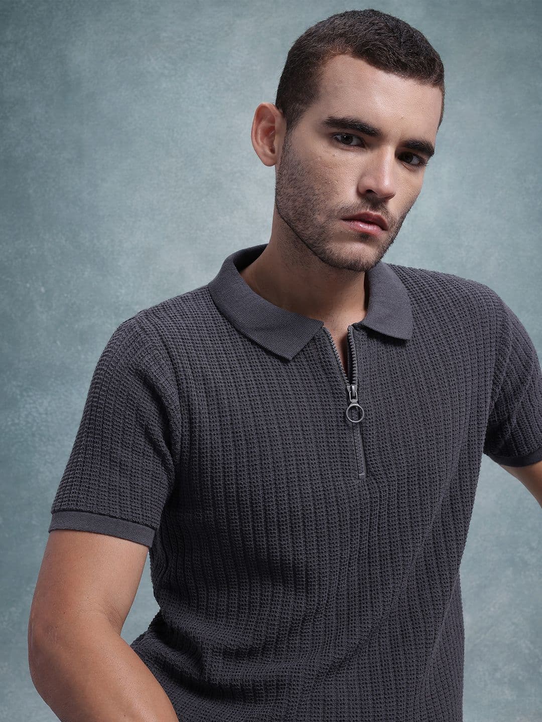 The Roadster Lifestyle Co. Men Textured Polo Collar Pure Cotton T-shirt - view 1