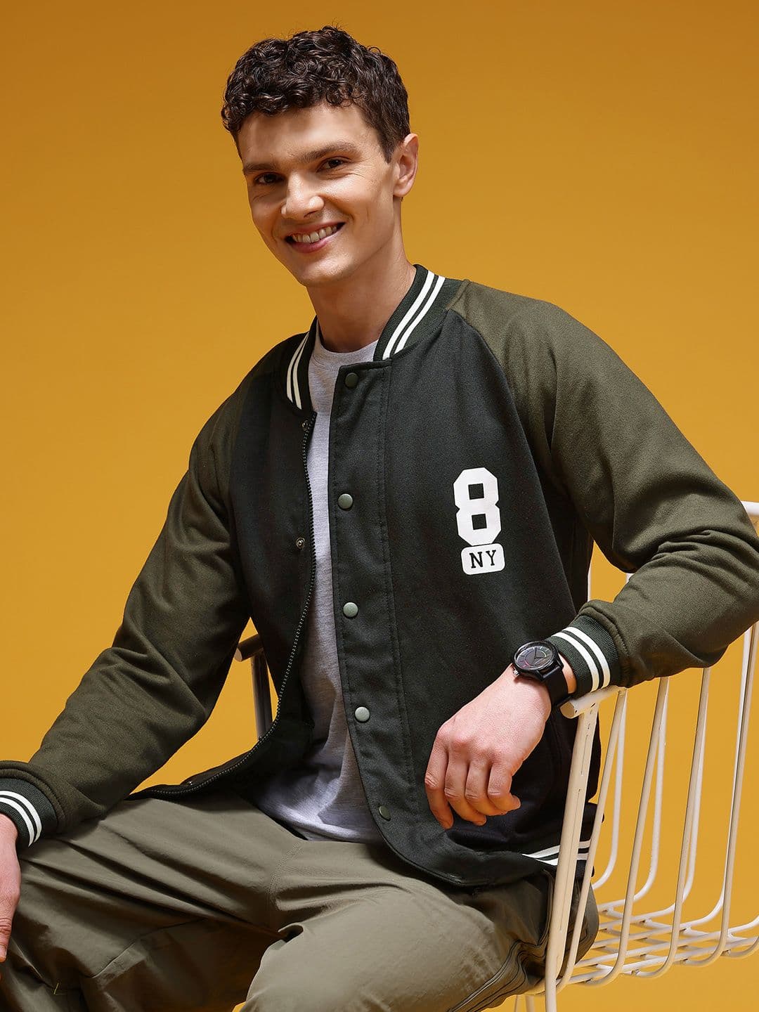 HERE&NOW Typography Printed Pure Cotton Stand Collar Varsity Jacket - view 1