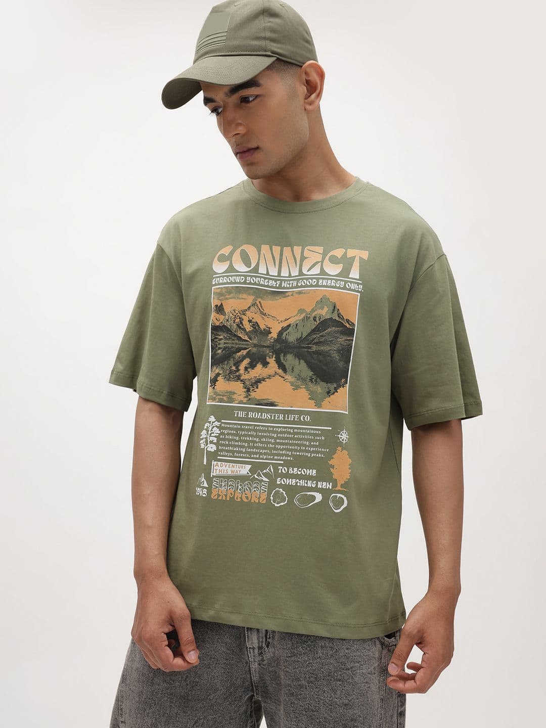 The Roadster Life Co Printed Drop-Shoulder Sleeves Pure Cotton Relaxed Fit T-shirt - view 1