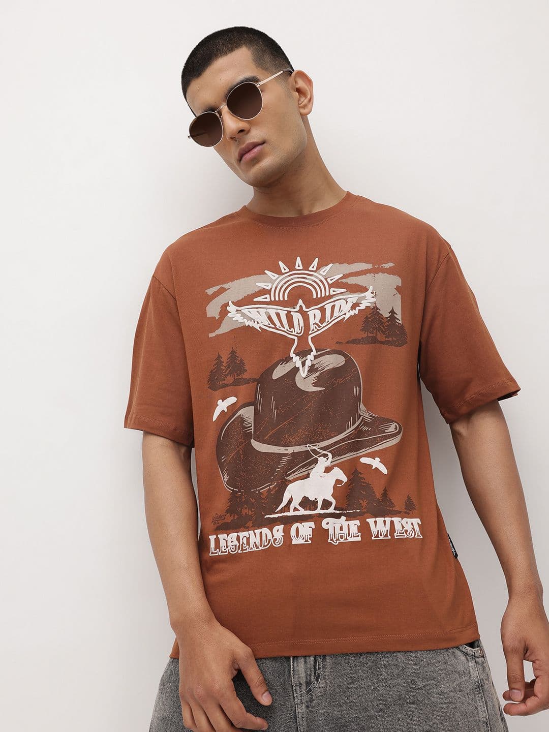 The Roadster Life Co Printed Drop-Shoulder Sleeves Pure Cotton T-shirt - view 1