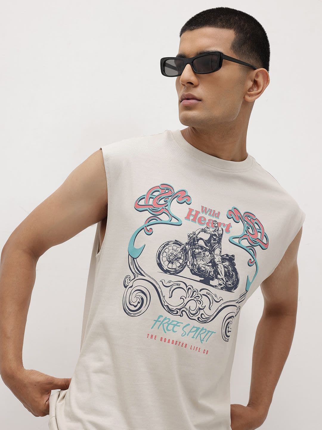 The Roadster Life Co. Graphic & Typography Print Drop-Sleeves Pure Cotton Relaxed T-shirt - view 1